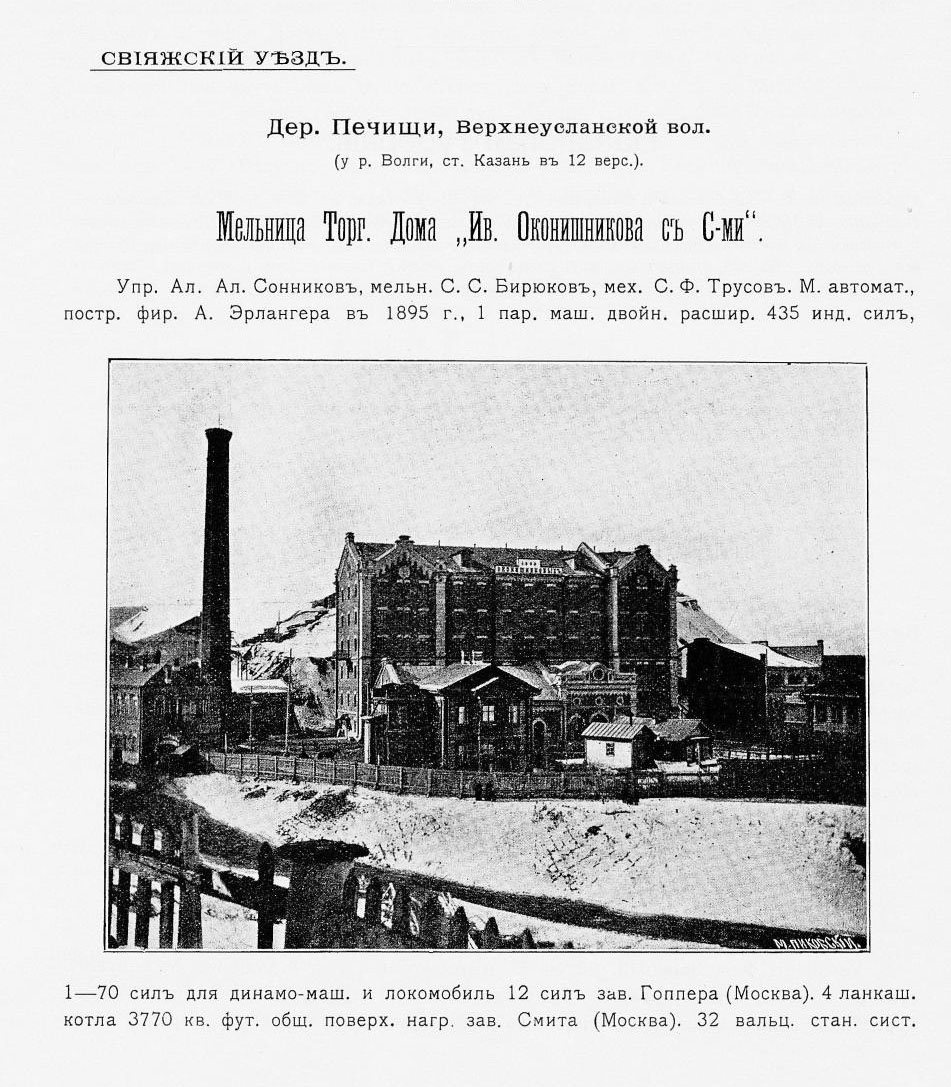 Мельница Оконишникова в справочнике «Мукомольное дело в России», 1909 г. Мельница Оконишникова в справочнике «Мукомольное дело в России», 1909 г.