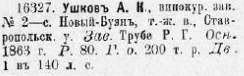 Новобуянский винокуренный завод А.К. Ушкова в справочнике Л.М. Фиша, 1913 г.