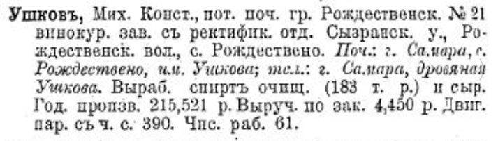 Рождественский винокуренный завод М.К. Ушкова в справочнике Варзара, 1912 г.